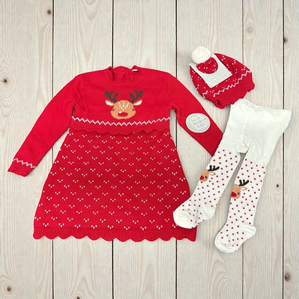 Holiday Reindeer Cotton Sweater Dress, Tights & Hat Baby Girl 12M Christmas NWT